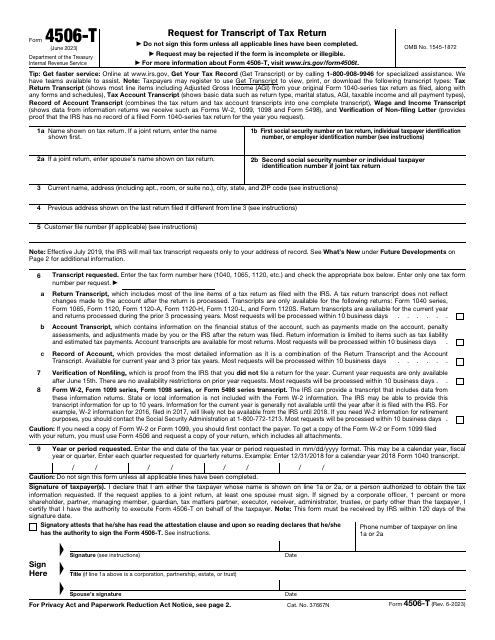IRS Form 4506-T  Printable Pdf