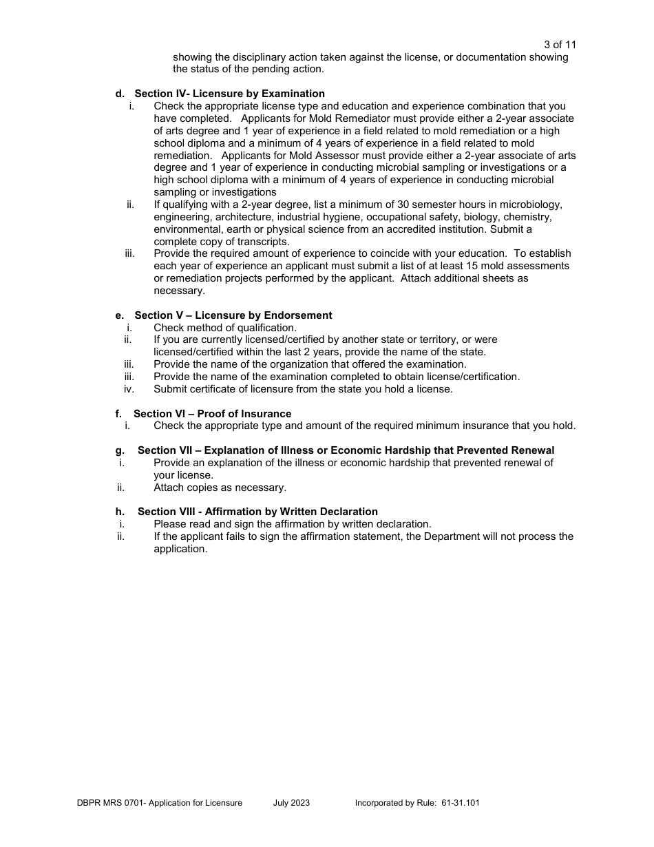 Form DBPR MRS0701 Application for Licensure - Florida, Page 4