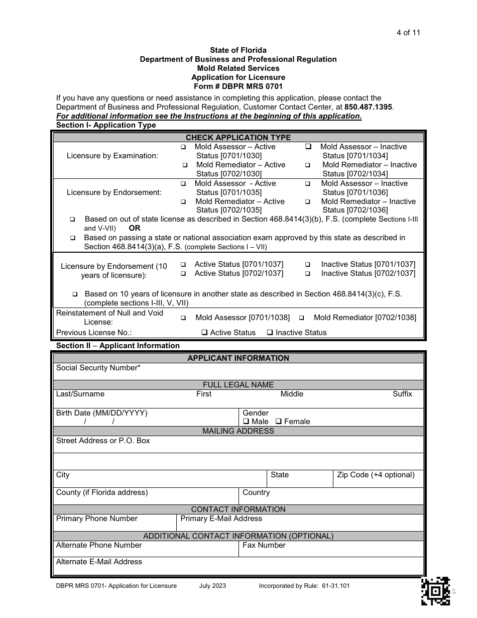 Form DBPR MRS0701 Application for Licensure - Florida, Page 5
