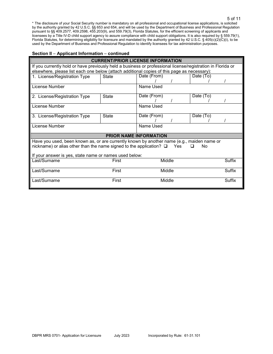 Form DBPR MRS0701 Application for Licensure - Florida, Page 6