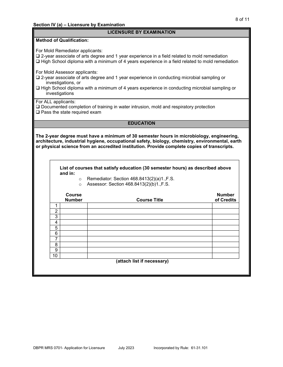 Form DBPR MRS0701 Application for Licensure - Florida, Page 9