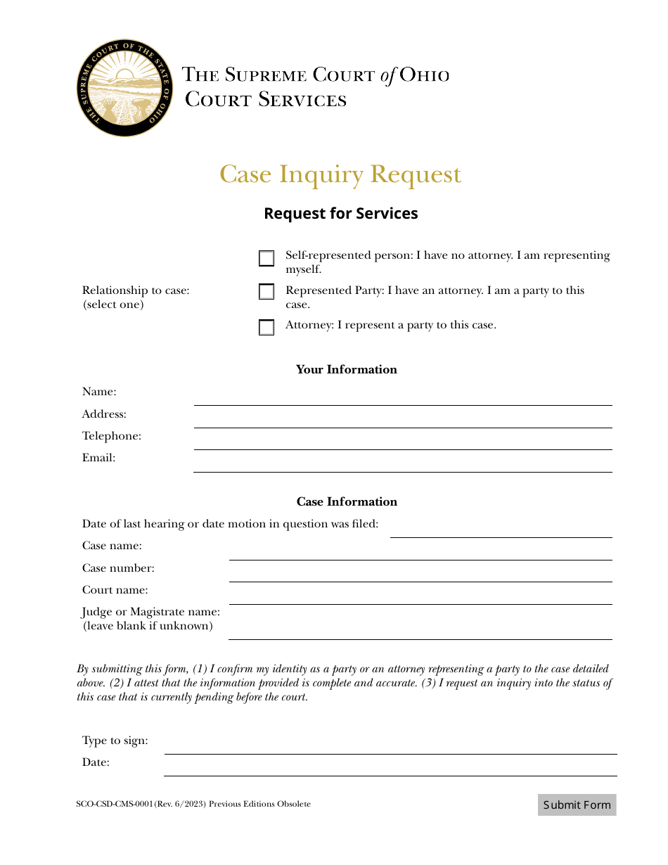 Form SCO-CSD-CMS-0001 Case Inquiry Request - Ohio, Page 1