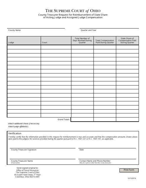 County Treasurer Request for Reimbursement of State Share of Acting Judge and Assigned Judge Compensation - Ohio Download Pdf