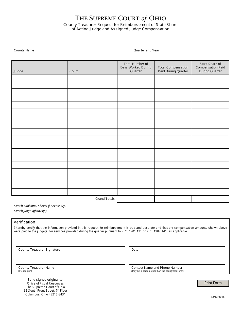 County Treasurer Request for Reimbursement of State Share of Acting Judge and Assigned Judge Compensation - Ohio, Page 1