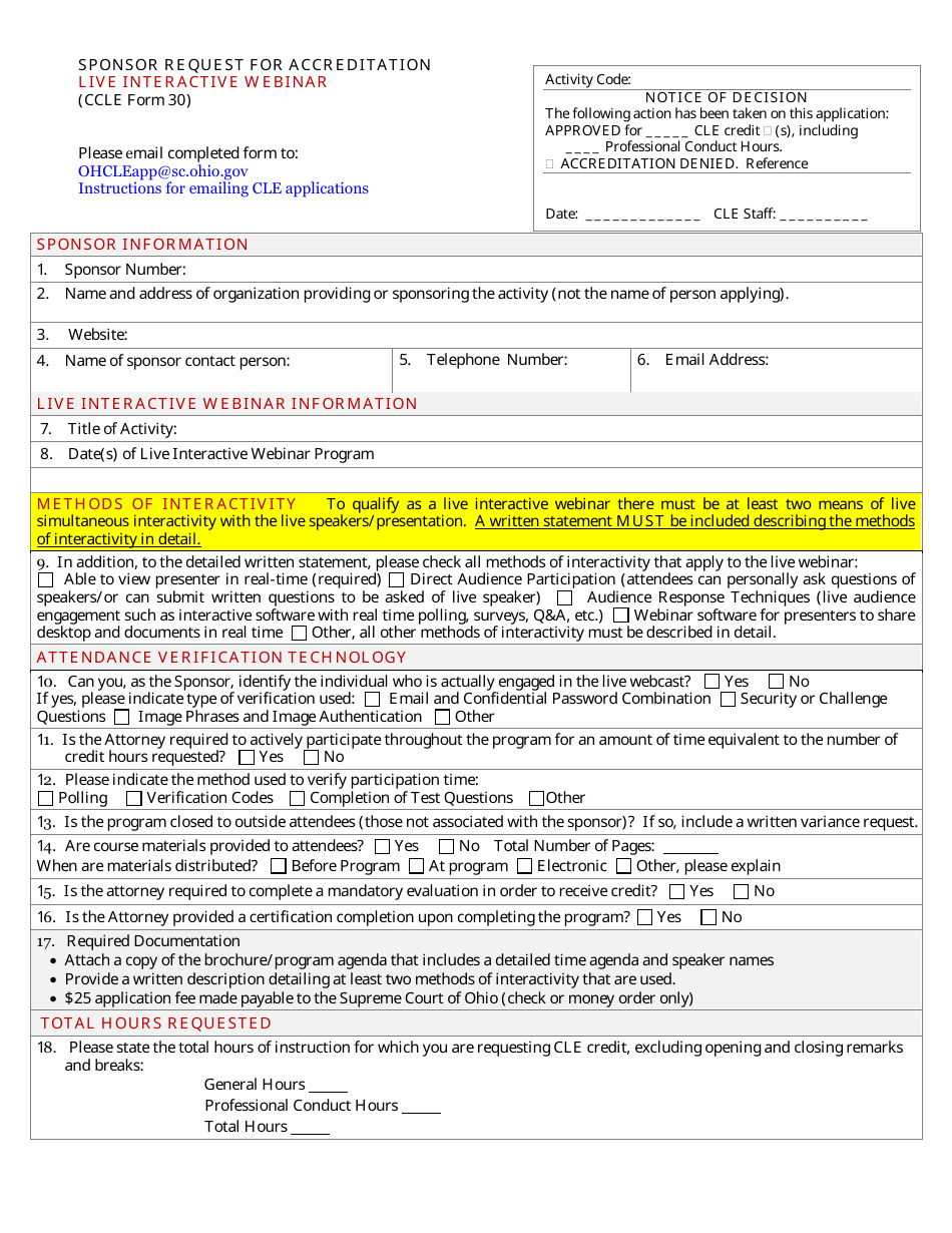 CCLE Form 30 Sponsor Request for Accreditation - Live Interactive Webinar - Ohio, Page 1