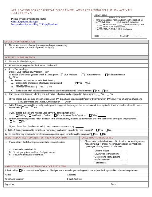 CCLE Form 27 Application for Accreditation of a New Lawyer Training Self-study Activtiy - Ohio