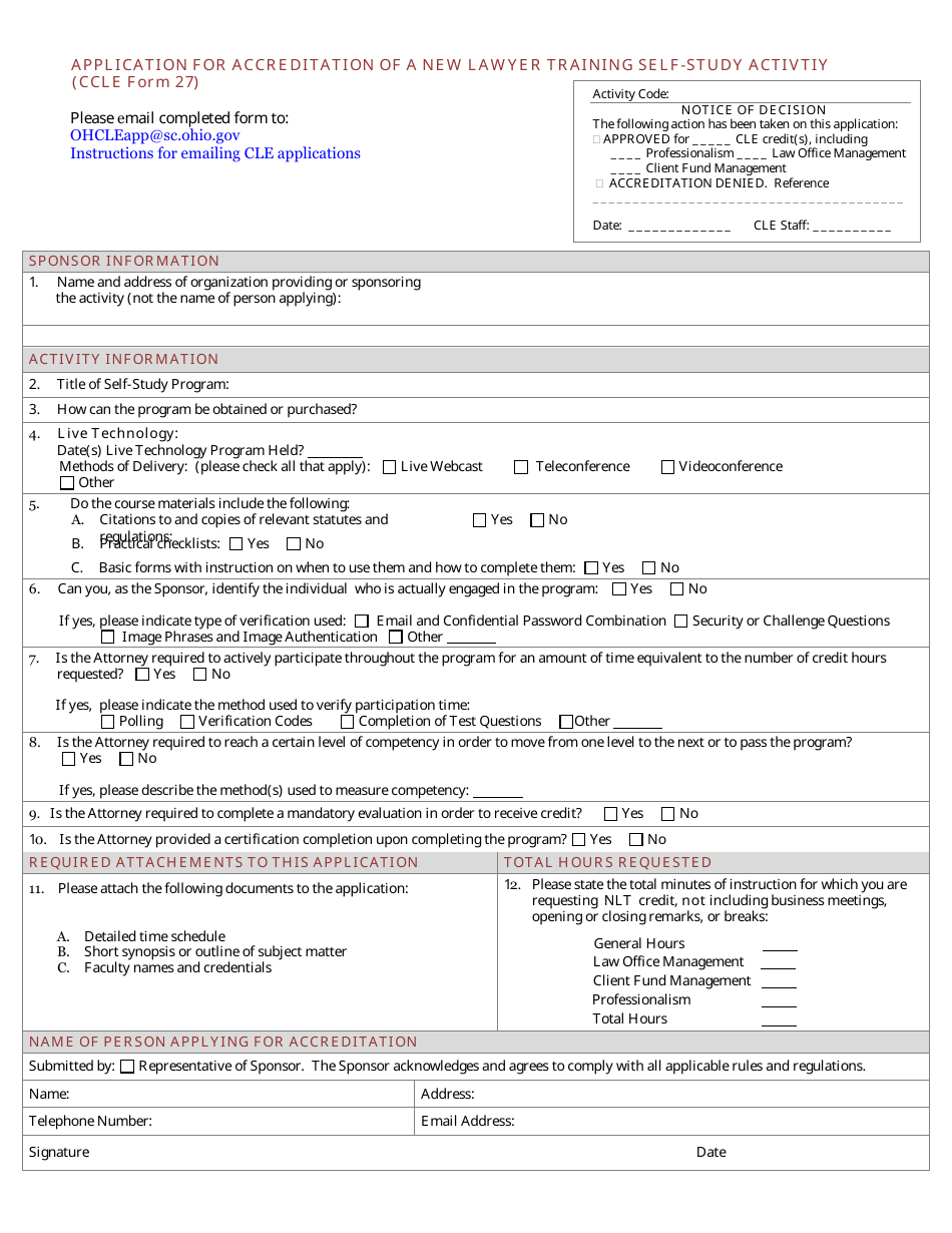 CCLE Form 27 Application for Accreditation of a New Lawyer Training Self-study Activtiy - Ohio, Page 1