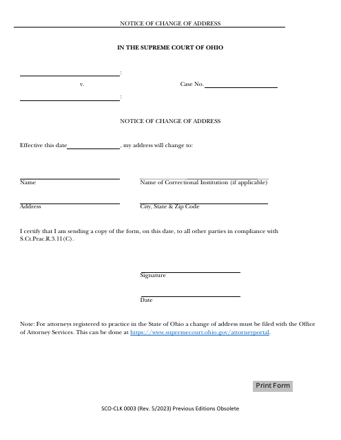 Form SCO-CLK0003 Notice of Change of Address - Ohio
