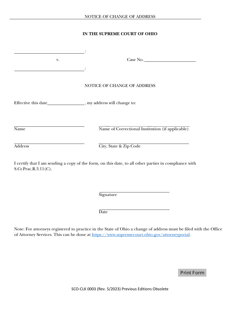 Form SCO-CLK0003 Notice of Change of Address - Ohio, Page 1