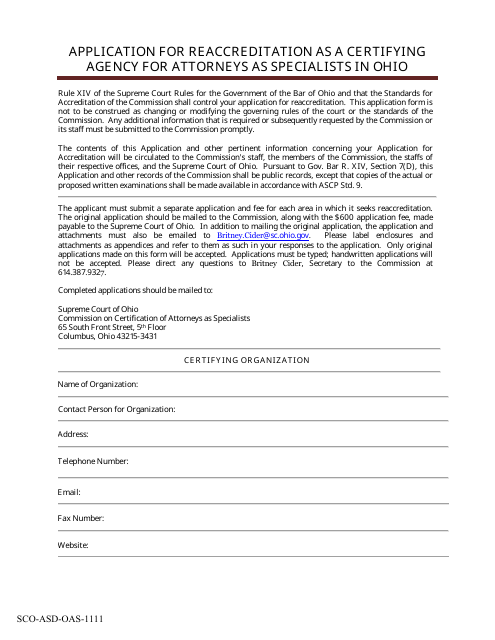 Form SCO-ASD-OAS-1111 Application for Reaccreditation as a Certifying Agency for Attorneys as Specialists in Ohio - Ohio