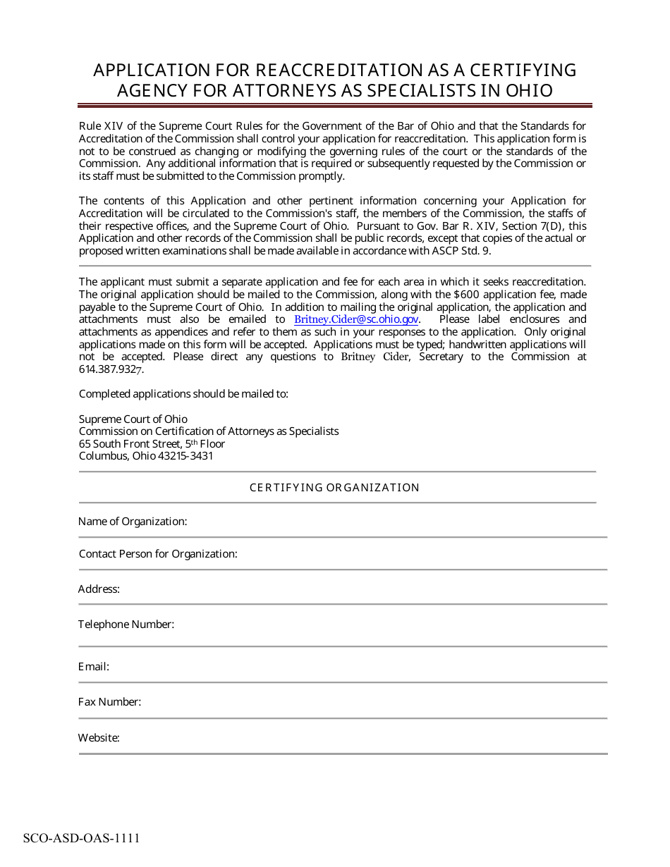 Form SCO-ASD-OAS-1111 Application for Reaccreditation as a Certifying Agency for Attorneys as Specialists in Ohio - Ohio, Page 1
