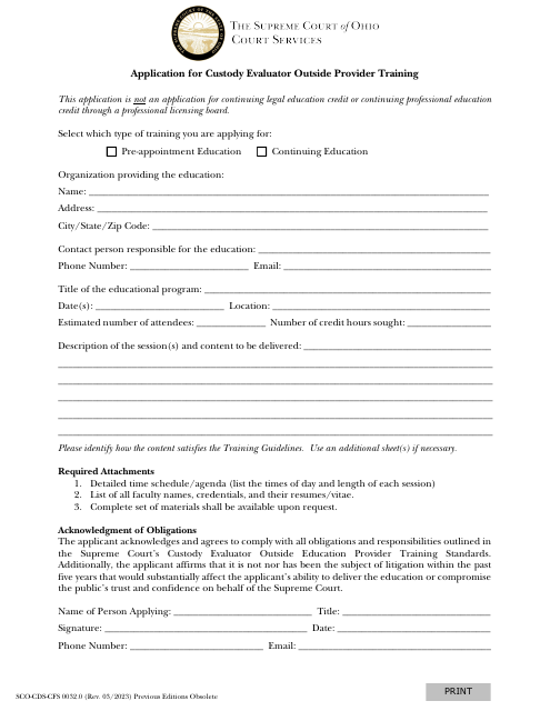 Form SCO-CDS-CFS0032.0 Application for Custody Evaluator Outside Provider Training - Ohio