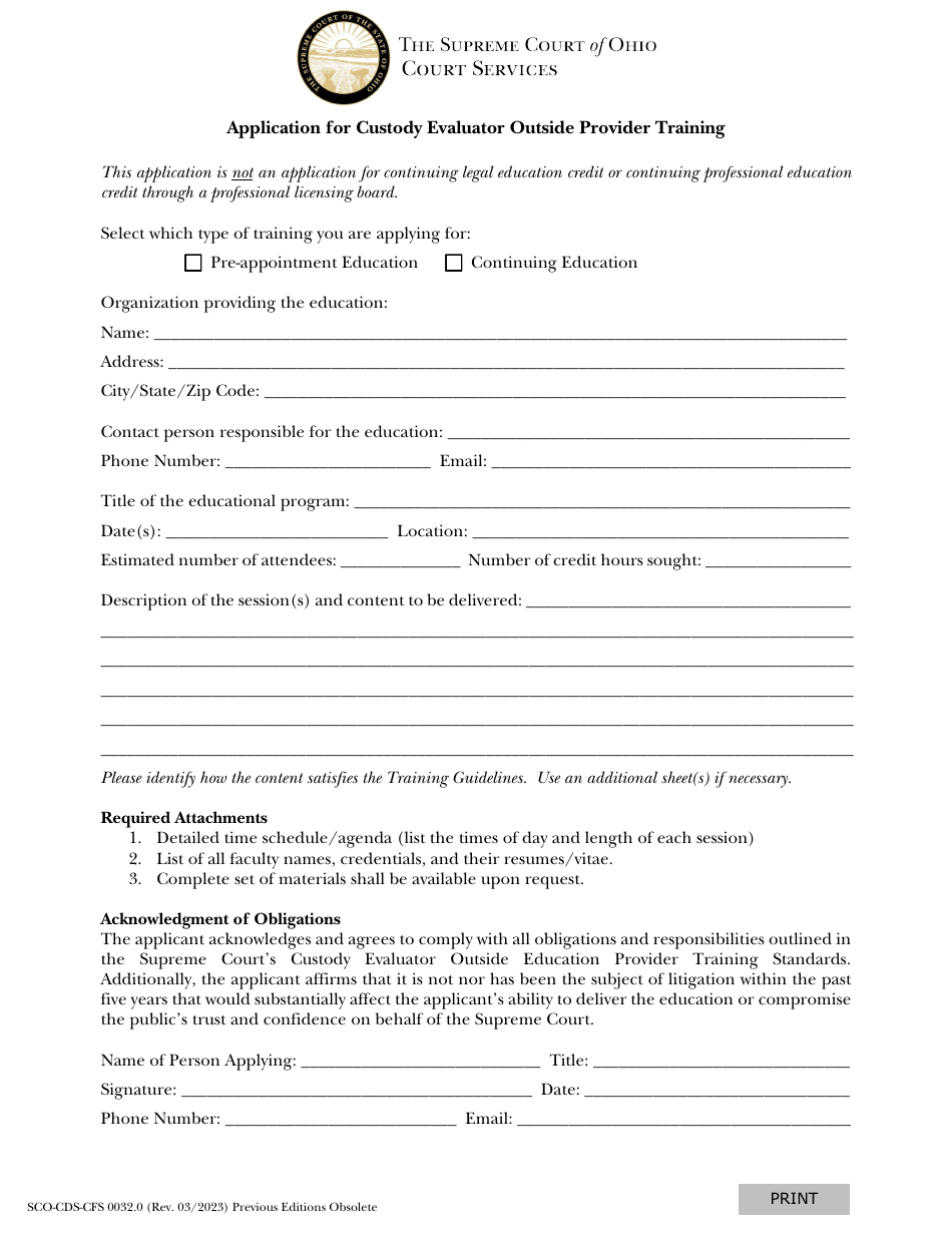 Form SCO-CDS-CFS0032.0 Application for Custody Evaluator Outside Provider Training - Ohio, Page 1