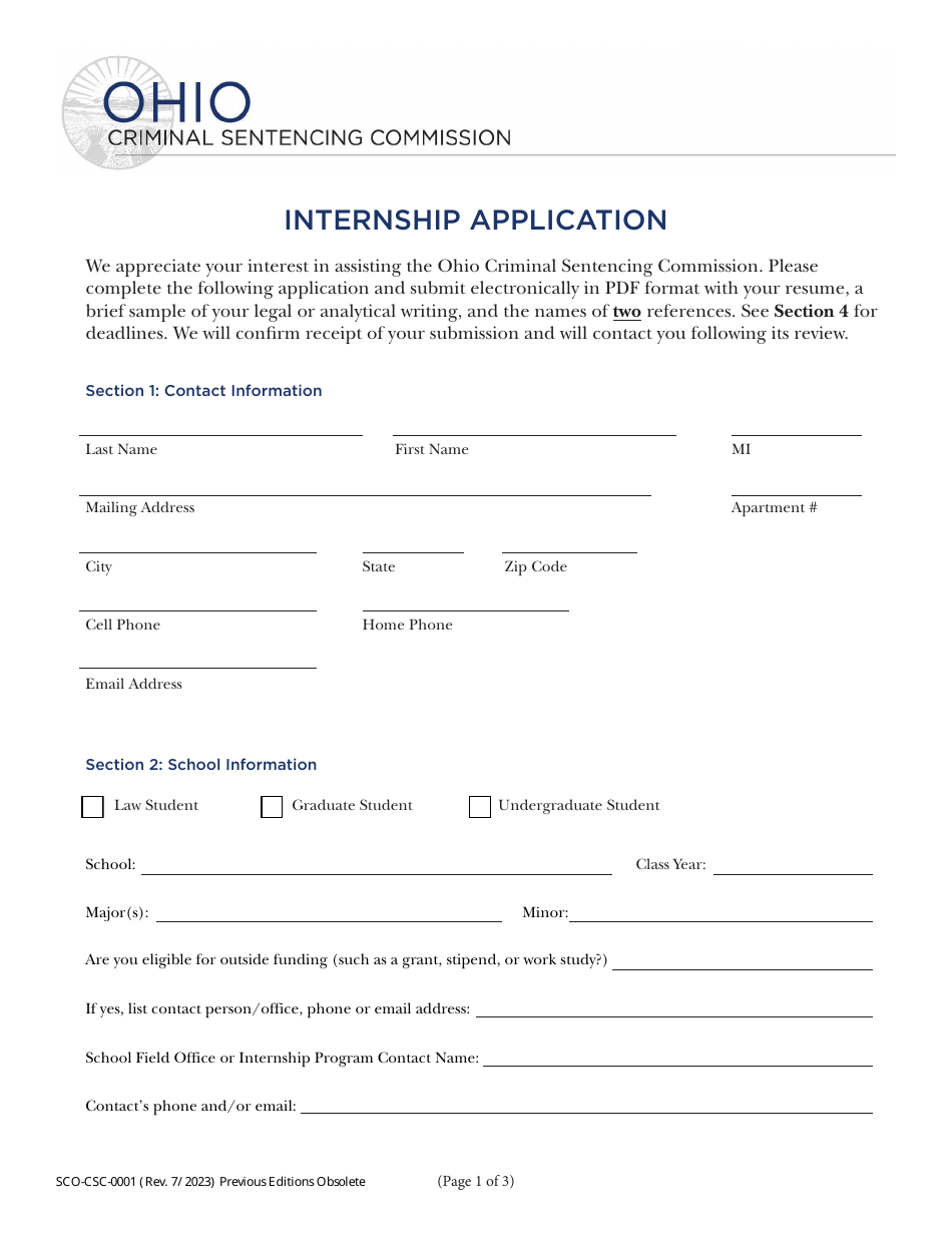 Form SCO-CSC-0001 Internship Application - Ohio, Page 1