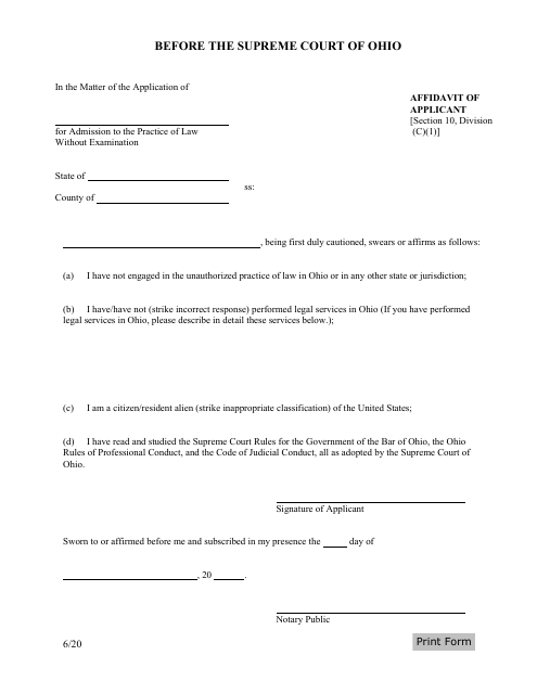 Affidavit of Applicant - Application for Admission to the Practice of Law Without Examination - Ohio