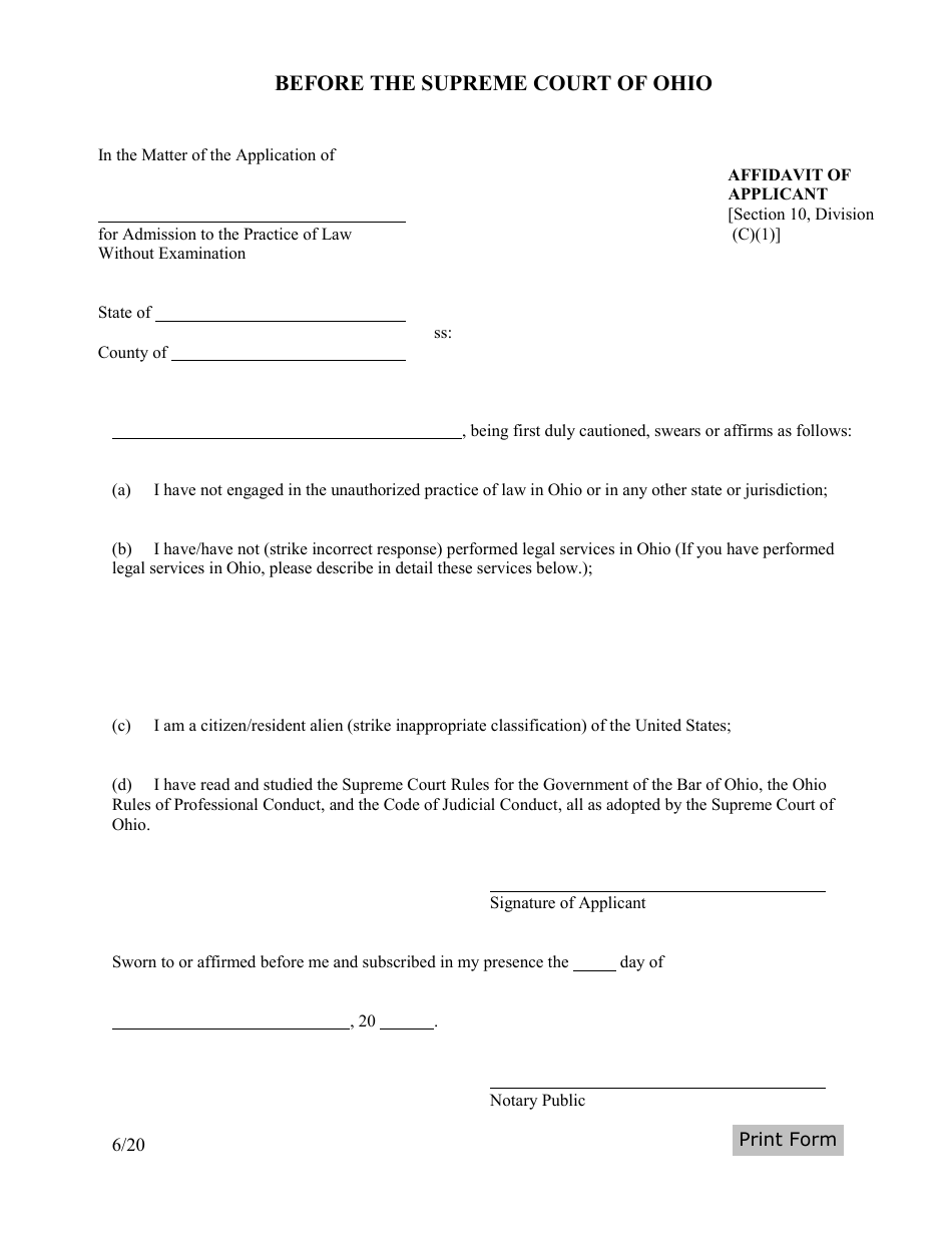 Affidavit of Applicant - Application for Admission to the Practice of Law Without Examination - Ohio, Page 1