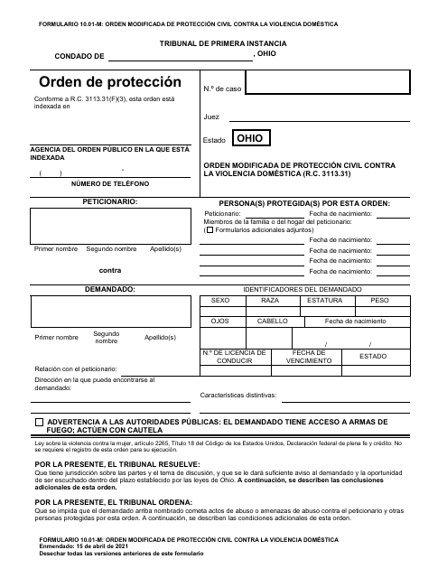 Formulario 10.01-M Orden Modificada De Proteccion Civil Contra La Violencia Domestica - Ohio (Spanish)