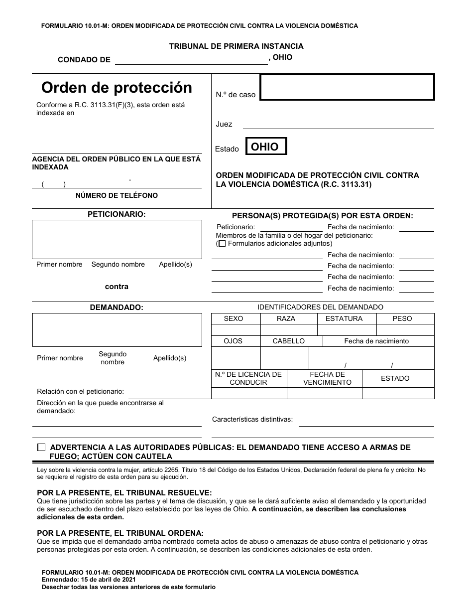 Formulario 10.01-M Orden Modificada De Proteccion Civil Contra La Violencia Domestica - Ohio (Spanish), Page 1