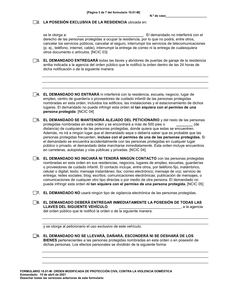 Formulario 10.01-M Orden Modificada De Proteccion Civil Contra La Violencia Domestica - Ohio (Spanish), Page 3