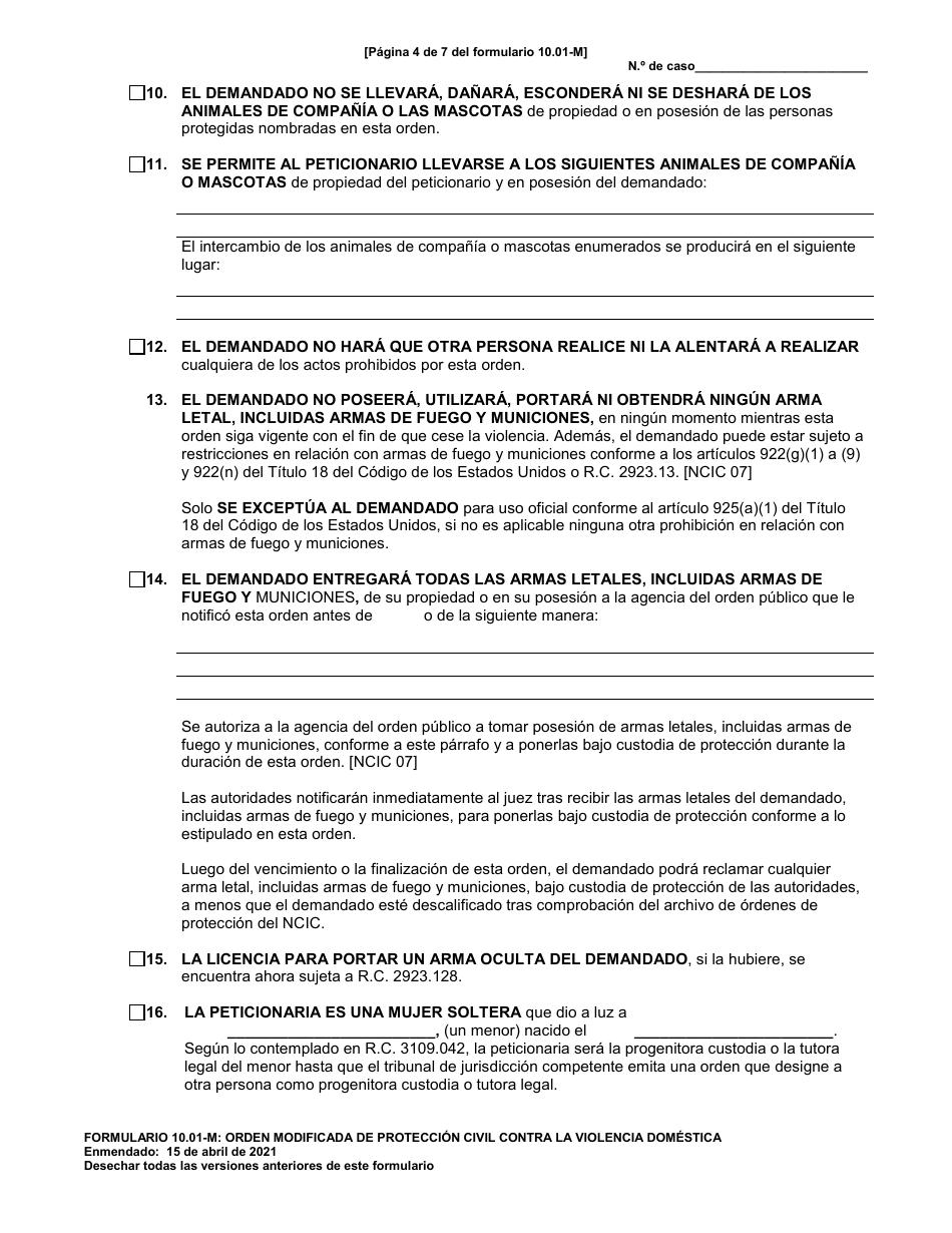 Formulario 10.01-M Orden Modificada De Proteccion Civil Contra La Violencia Domestica - Ohio (Spanish), Page 4