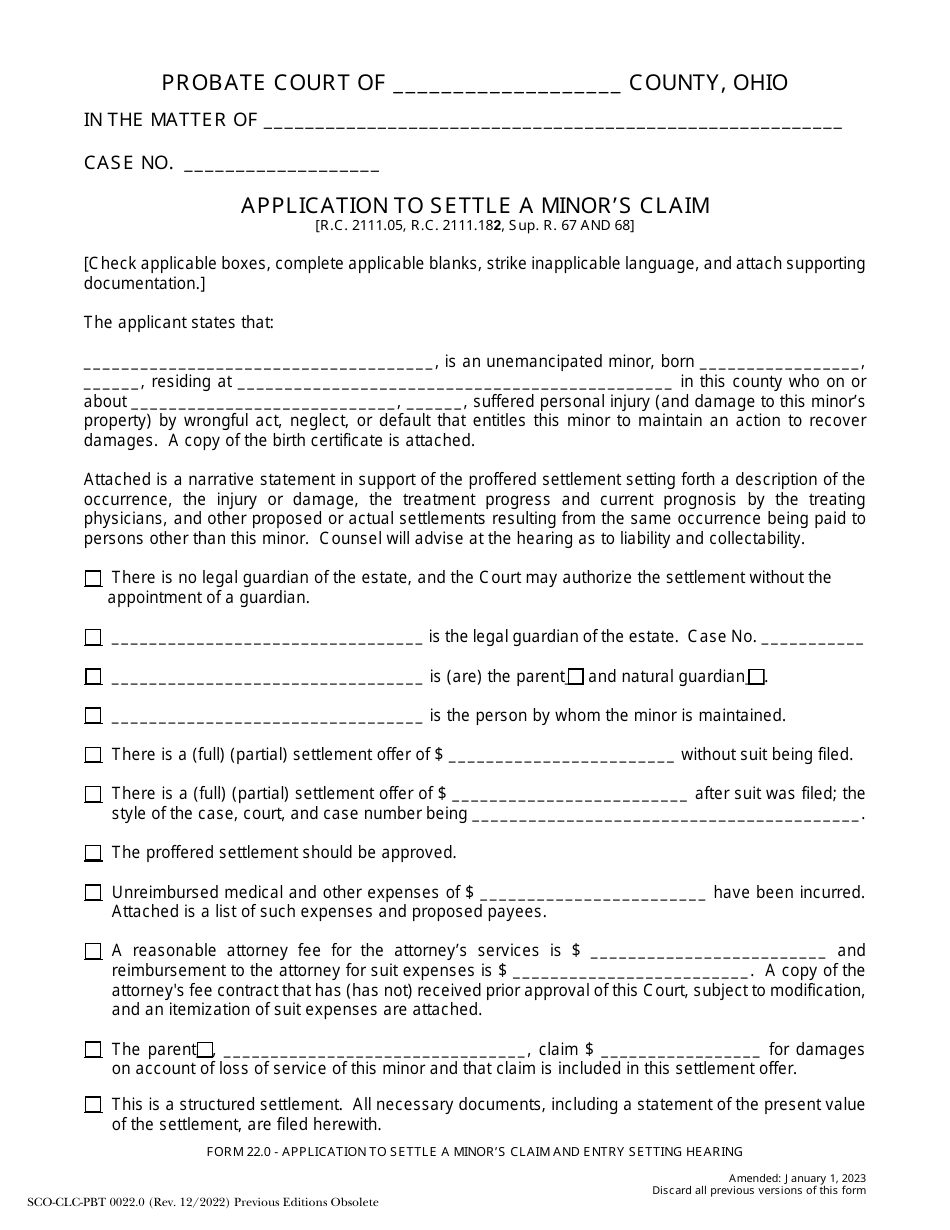Form 22.0 (SCO-CLC-PBT0022.0) Application to Settle a Minors Claim and Entry Setting Hearing - Ohio, Page 1