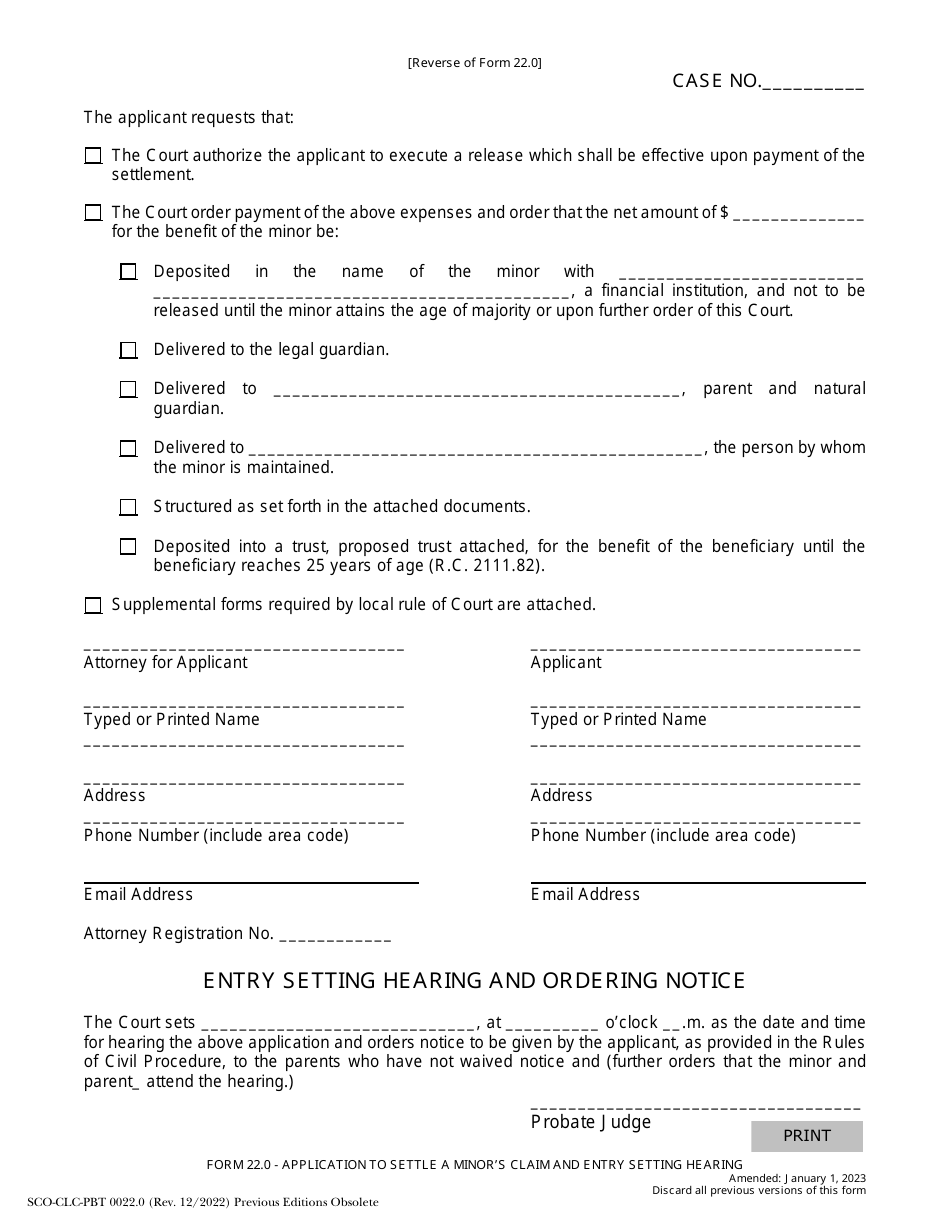 Form 22.0 (SCO-CLC-PBT0022.0) Application to Settle a Minors Claim and Entry Setting Hearing - Ohio, Page 2
