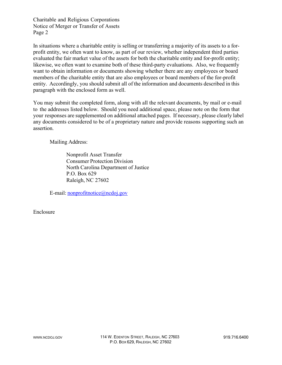 Notice of Merger or Transfer of Assets by a Charitable or Religious Corporation - North Carolina, Page 2