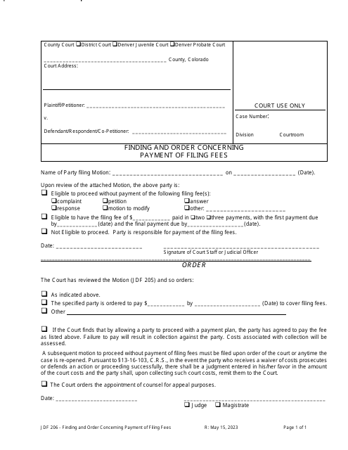 Form JDF206 Finding and Order Concerning Payment of Filing Fees - Colorado