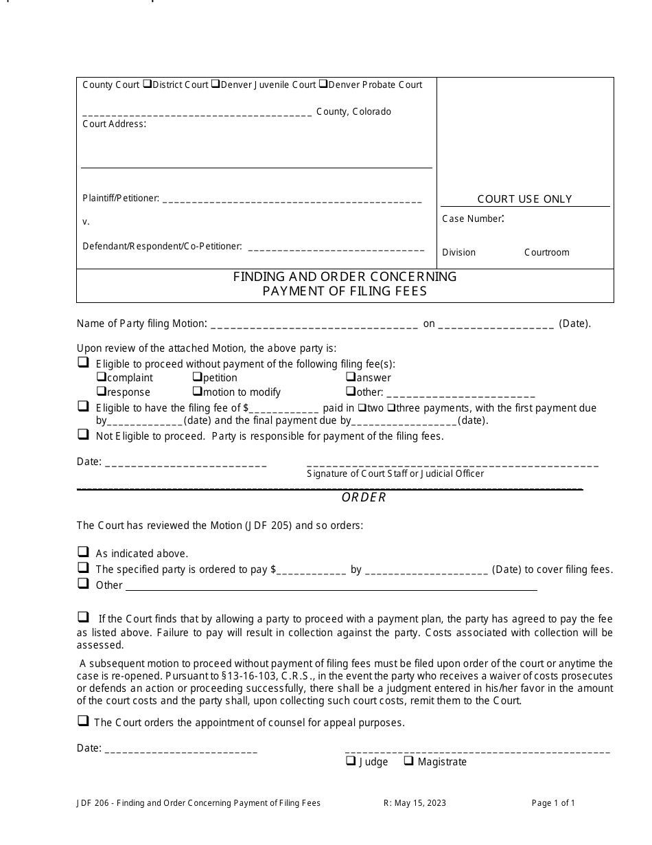 Form JDF206 Finding and Order Concerning Payment of Filing Fees - Colorado, Page 1