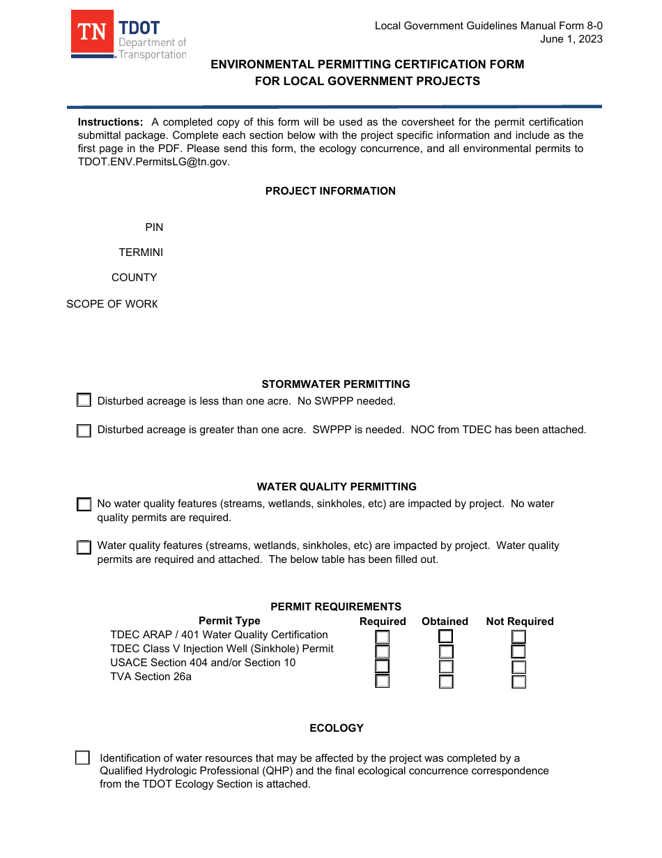 Form 8-0 Environmental Permitting Certification Form for Local Government Projects - Tennessee, Page 1