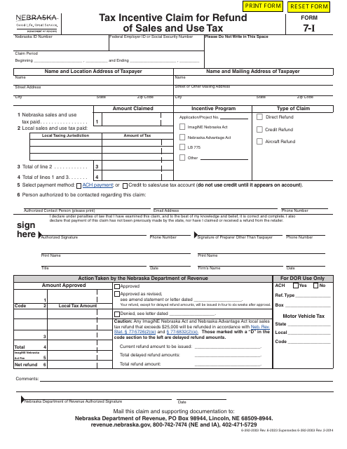 Form 7-I Tax Incentive Claim for Refund of Sales and Use Tax - Nebraska