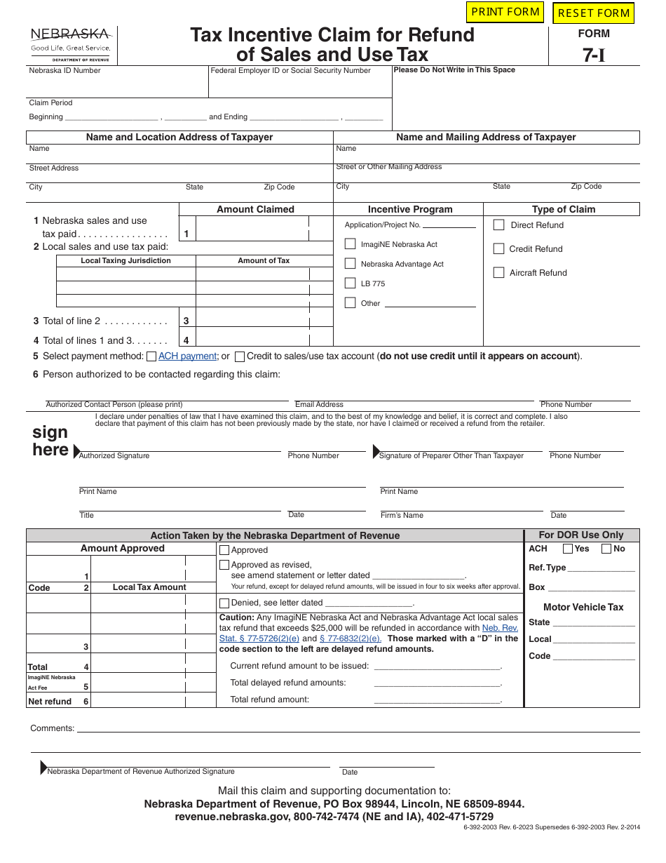 Form 7-I Tax Incentive Claim for Refund of Sales and Use Tax - Nebraska, Page 1