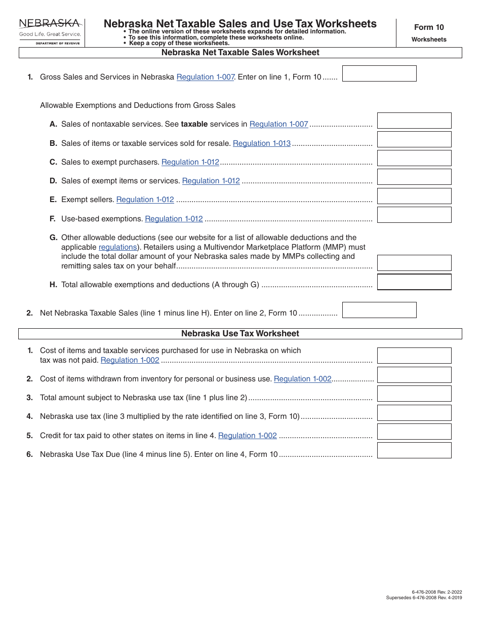 Form 10 Nebraska and Local Sales and Use Tax Return - Nebraska, Page 3