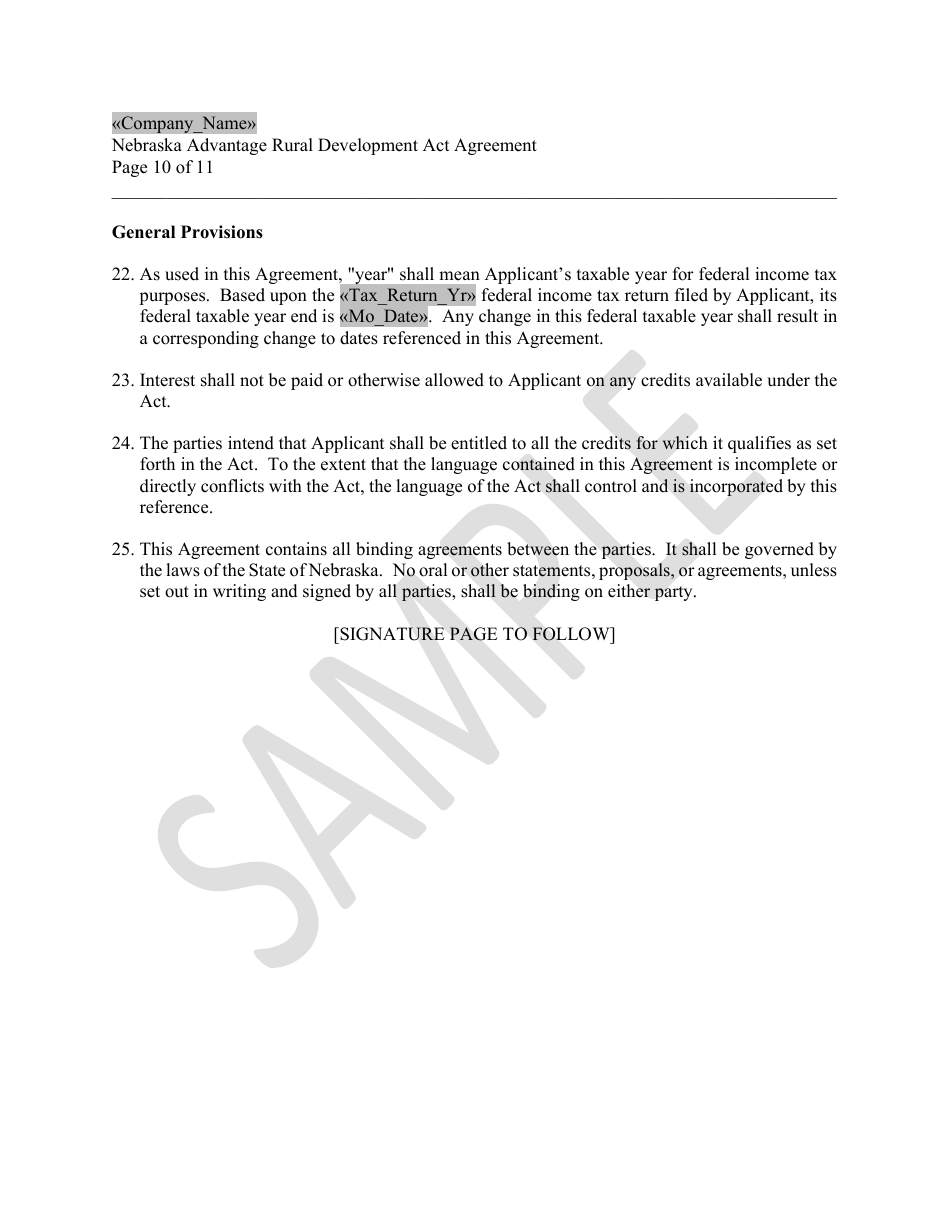 Nebraska Advantage Rural Development Act Agreement - Level 1 or Level 2 - Sample - Nebraska, Page 10