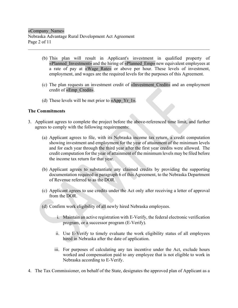 Nebraska Advantage Rural Development Act Agreement - Level 1 or Level 2 - Sample - Nebraska, Page 2