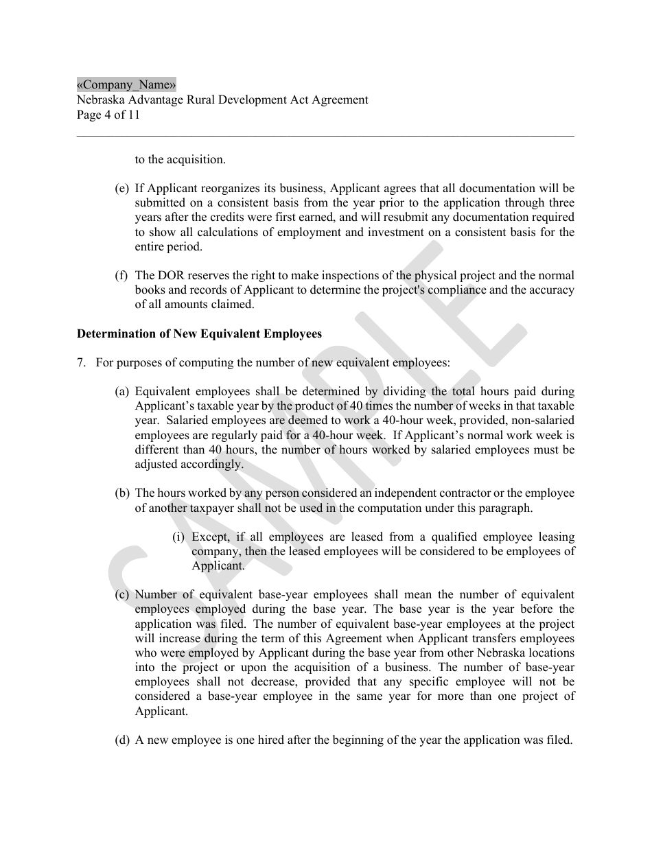 Nebraska Advantage Rural Development Act Agreement - Level 1 or Level 2 - Sample - Nebraska, Page 4