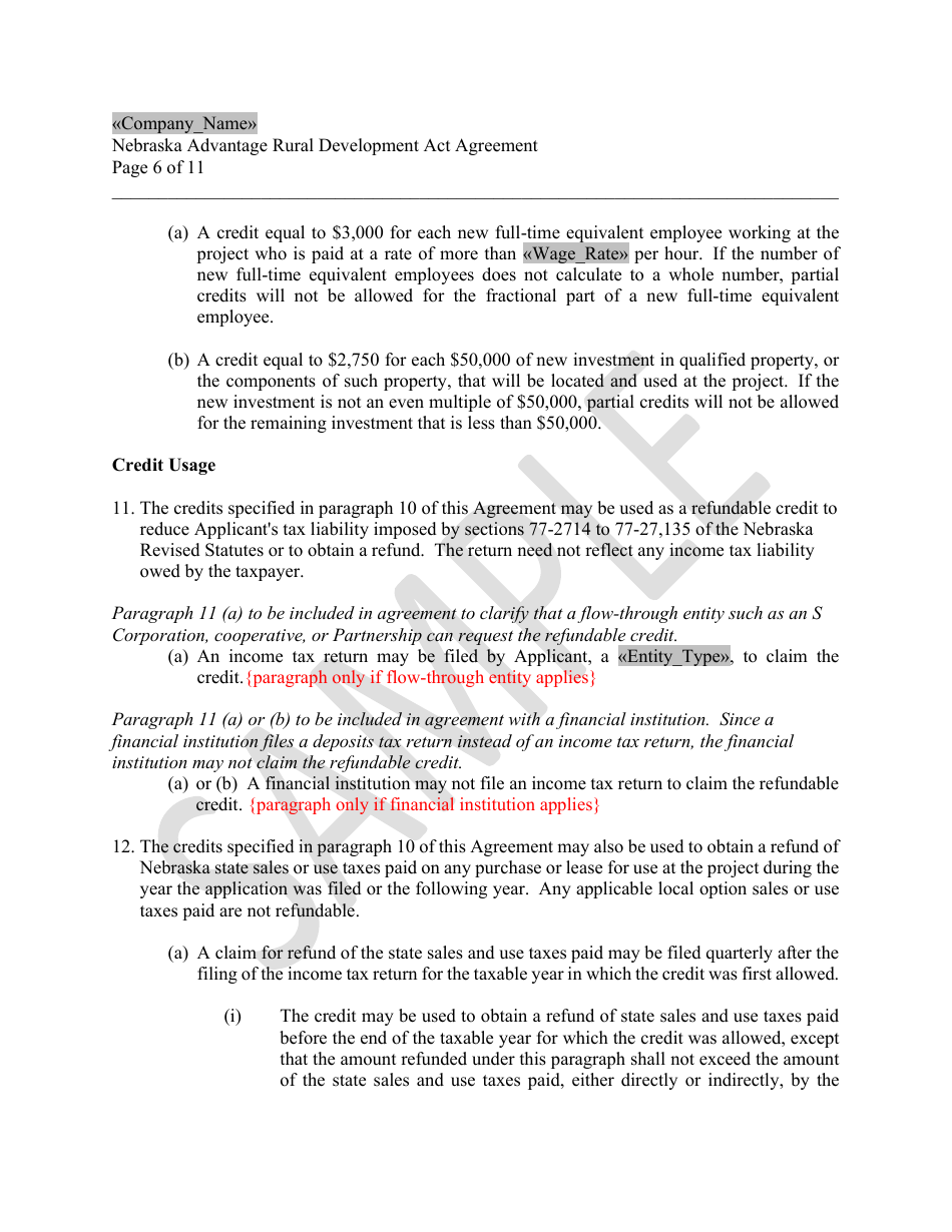 Nebraska Advantage Rural Development Act Agreement - Level 1 or Level 2 - Sample - Nebraska, Page 6
