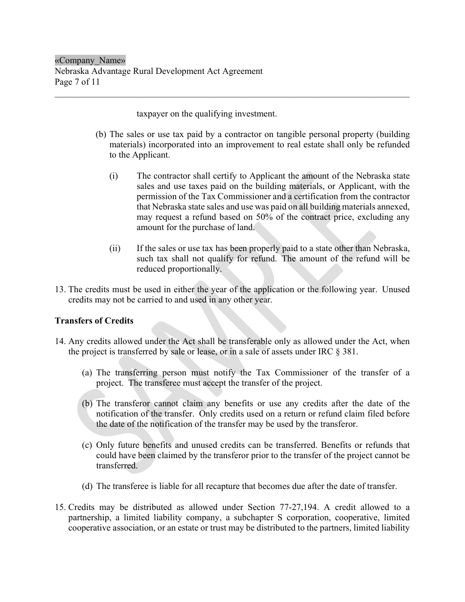 Nebraska Advantage Rural Development Act Agreement - Level 1 or Level 2 - Sample - Nebraska, Page 7