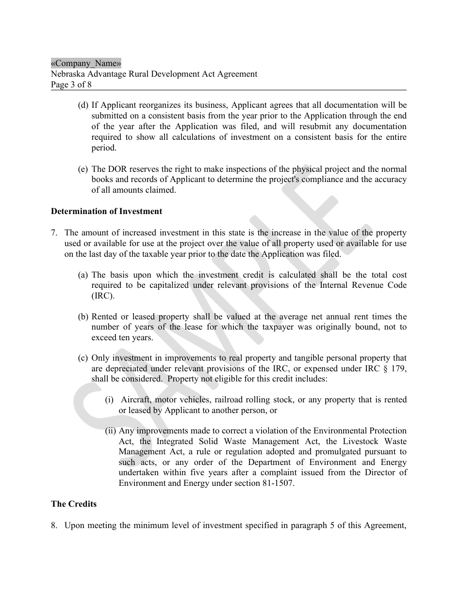 Nebraska Advantage Rural Development Act Agreement - Livestock Modernization - Sample - Nebraska, Page 3