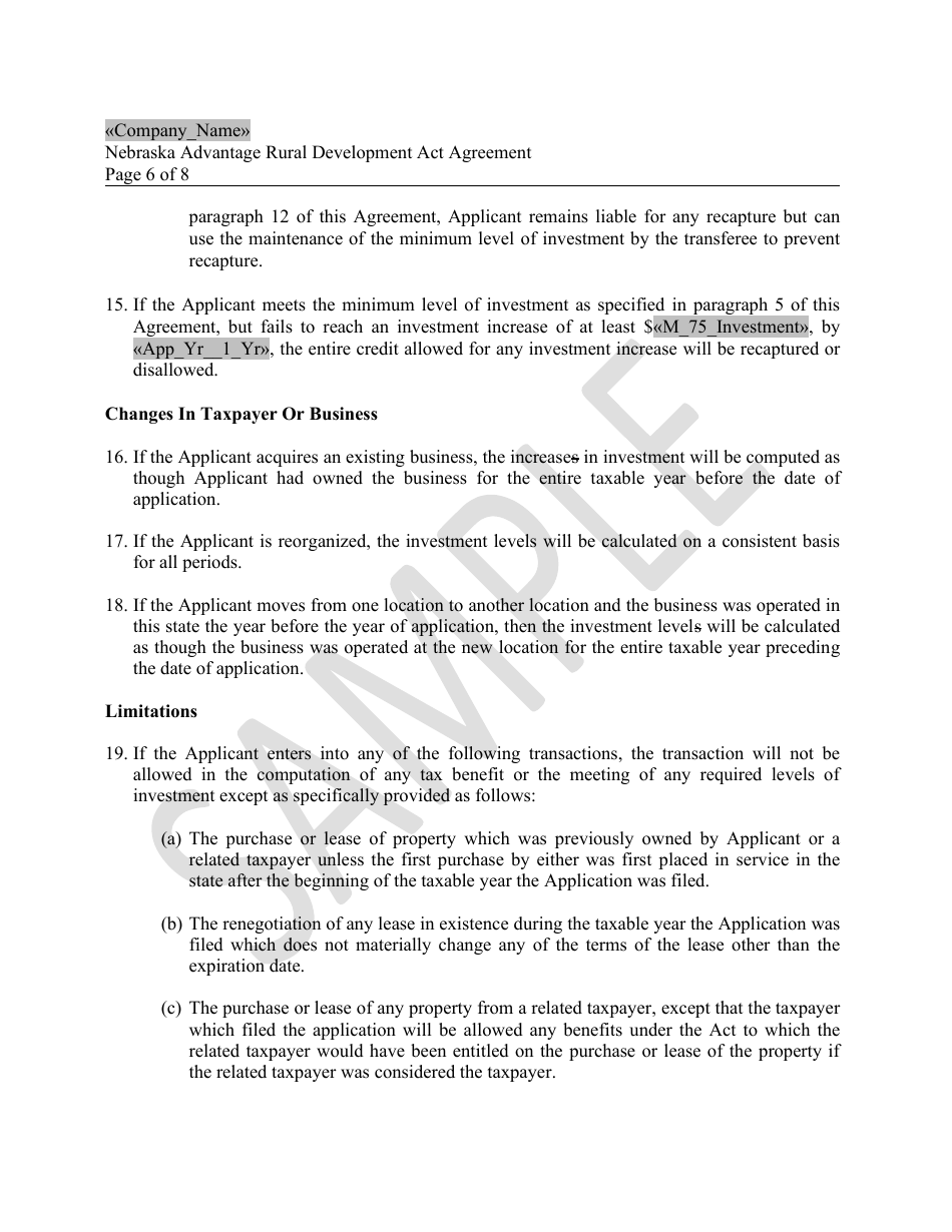 Nebraska Advantage Rural Development Act Agreement - Livestock Modernization - Sample - Nebraska, Page 6