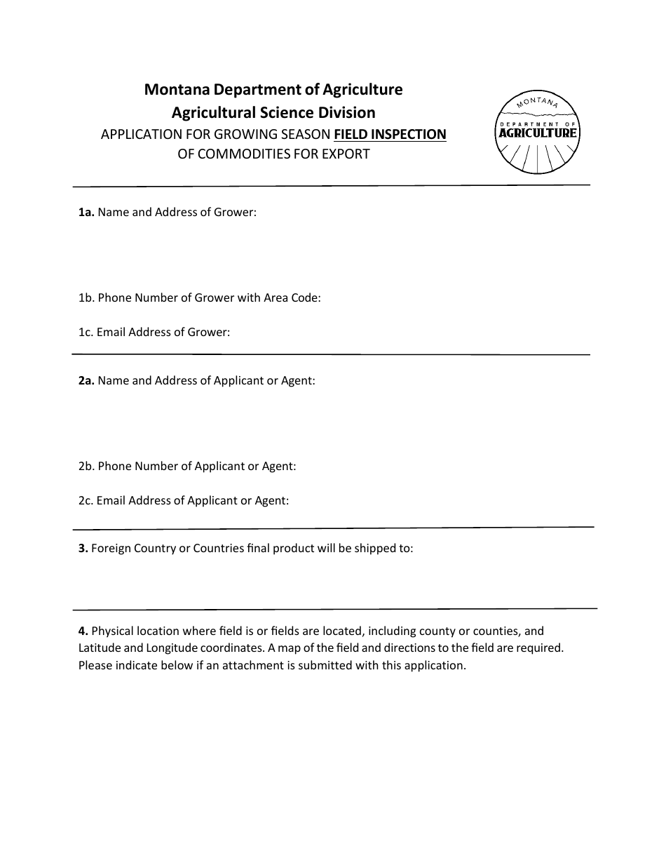 Application for Growing Season Field Inspection of Commodities for Export - Montana, Page 1