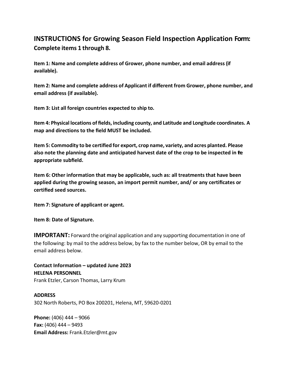 Application for Growing Season Field Inspection of Commodities for Export - Montana, Page 3