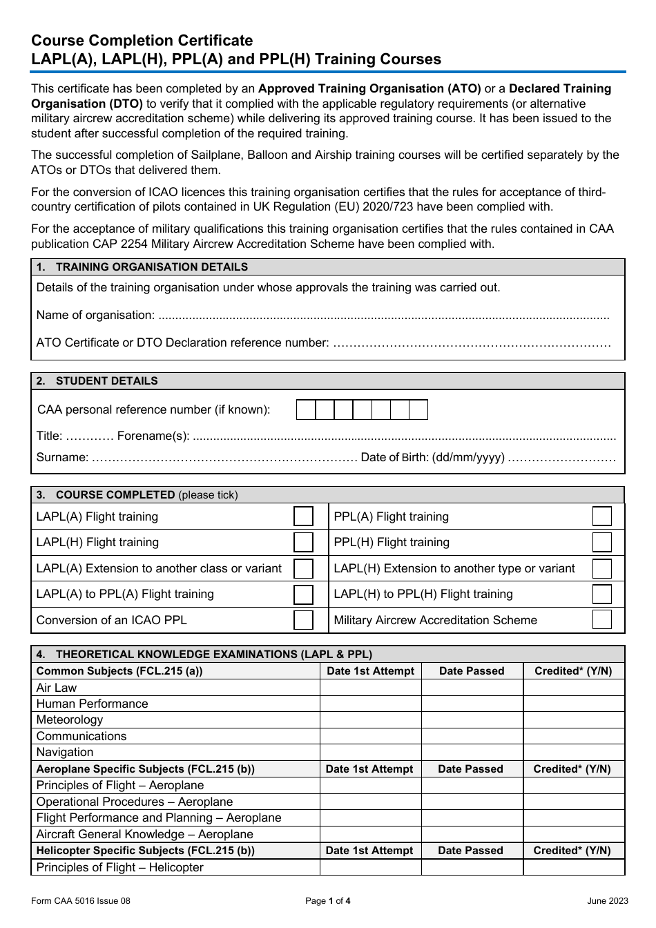 Form CAA5016 Course Completion Certificate - Lapl(A), Lapl(H), Ppl(A) and Ppl(H) Training Courses - United Kingdom, Page 1