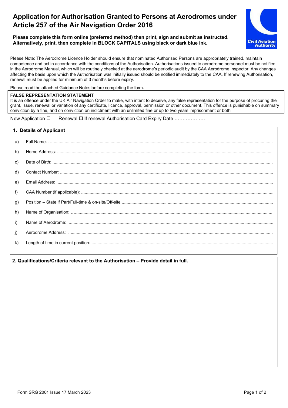 Form SRG2001 Application for Authorisation Granted to Persons at Aerodromes Under Article 257 of the Air Navigation Order 2016 - United Kingdom, Page 1