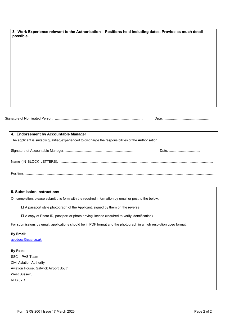 Form SRG2001 Application for Authorisation Granted to Persons at Aerodromes Under Article 257 of the Air Navigation Order 2016 - United Kingdom, Page 2