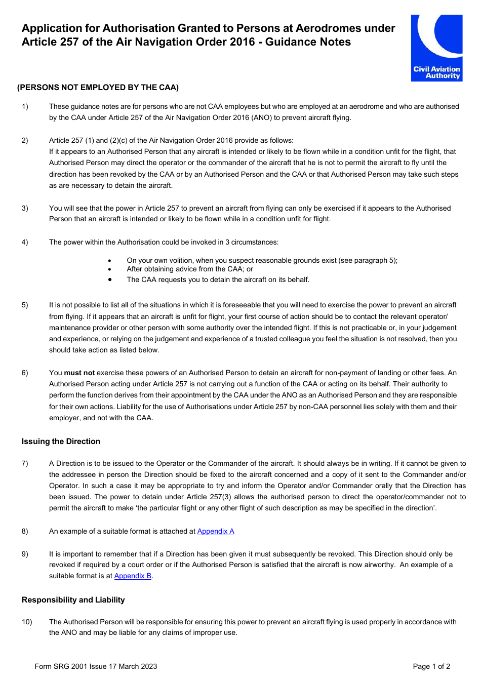 Form SRG2001 Application for Authorisation Granted to Persons at Aerodromes Under Article 257 of the Air Navigation Order 2016 - United Kingdom, Page 3