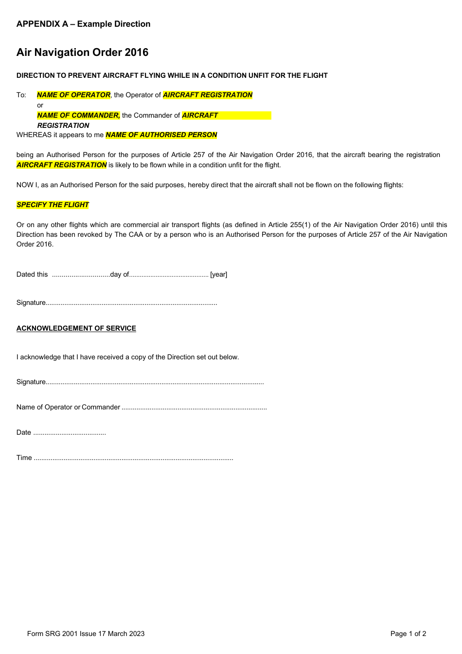 Form SRG2001 Application for Authorisation Granted to Persons at Aerodromes Under Article 257 of the Air Navigation Order 2016 - United Kingdom, Page 5