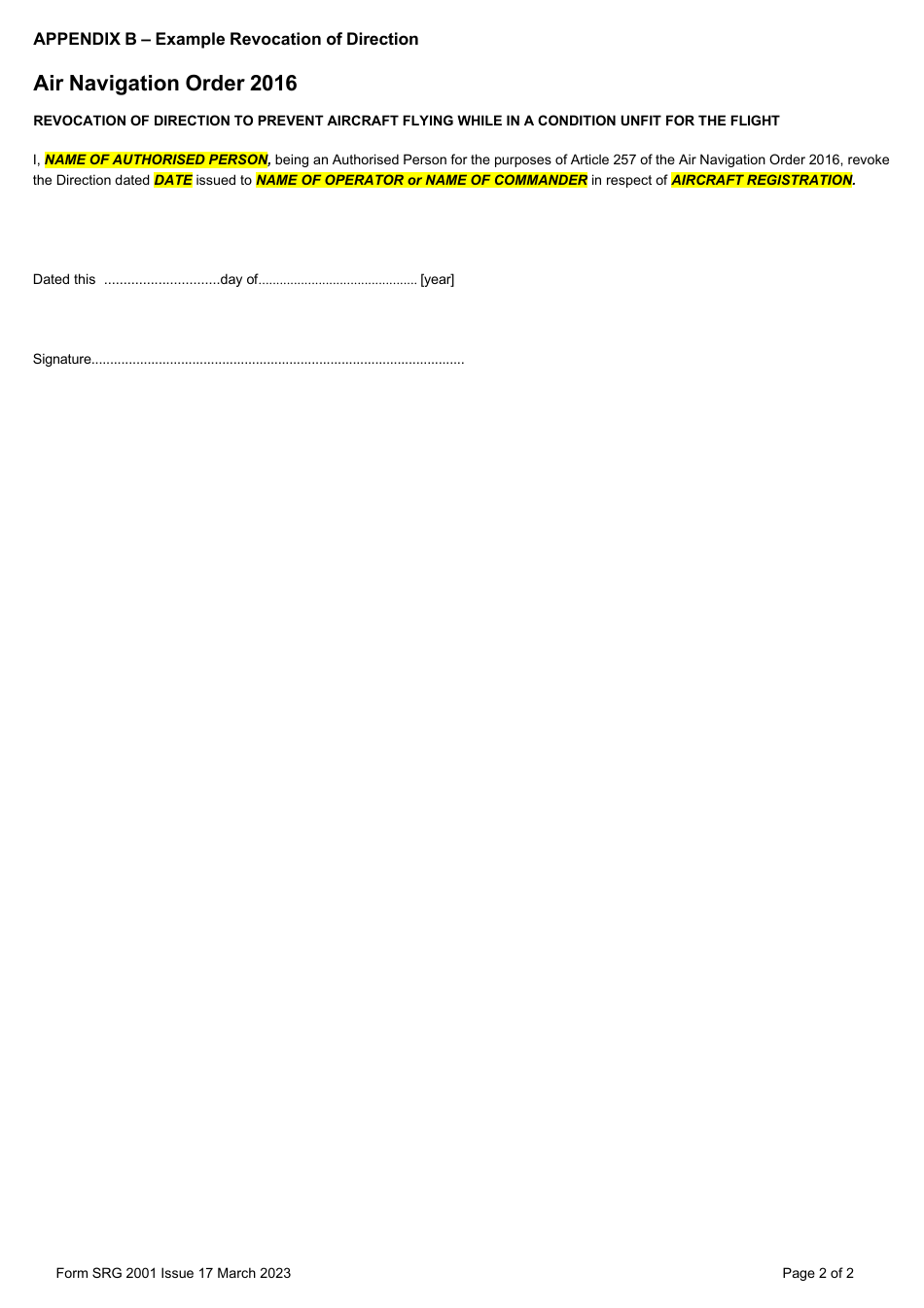 Form SRG2001 Application for Authorisation Granted to Persons at Aerodromes Under Article 257 of the Air Navigation Order 2016 - United Kingdom, Page 6