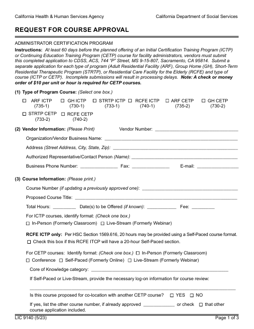 Form LIC9140 Request for Course Approval - California