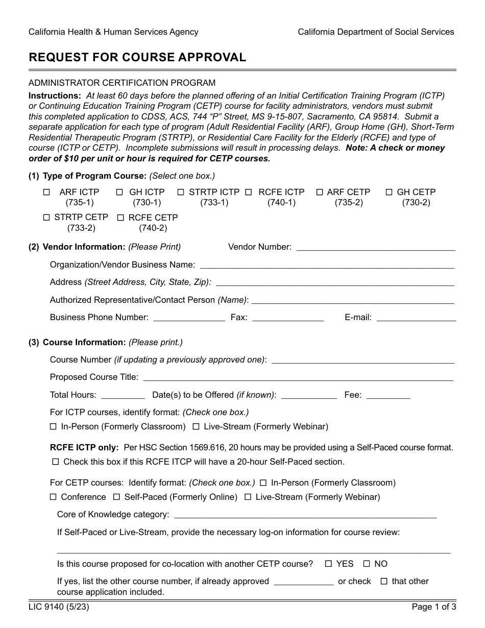 Form LIC9140 Download Fillable PDF or Fill Online Request for Course ...